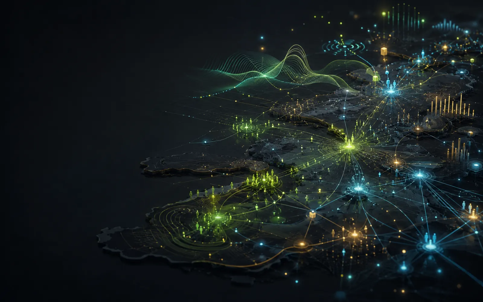Mapa abstracto de personas, nodos y señales conectados sobre un territorio
